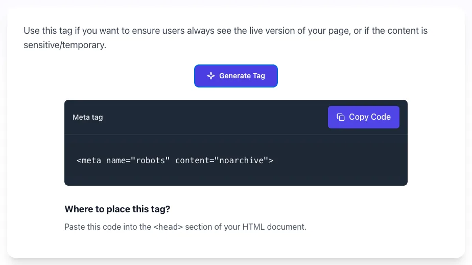 Noarchive Tag Generator showing its result