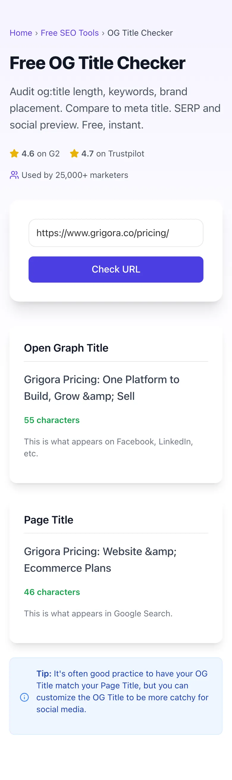 OG Title Checker showing its result