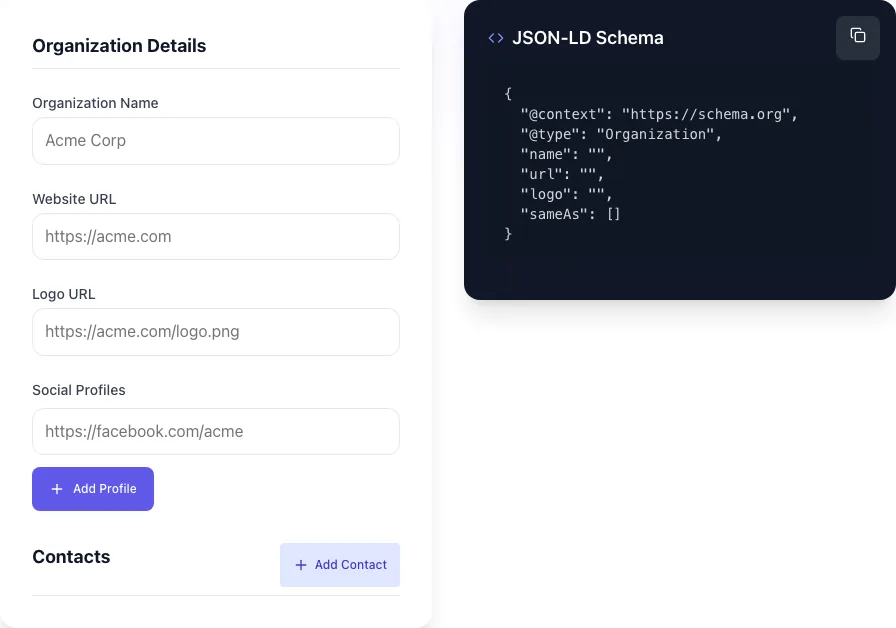 Empty Organization Schema Generator before any input