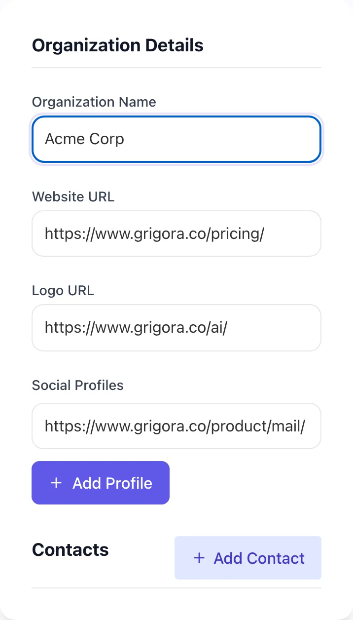 Organization Schema Generator with input filled in