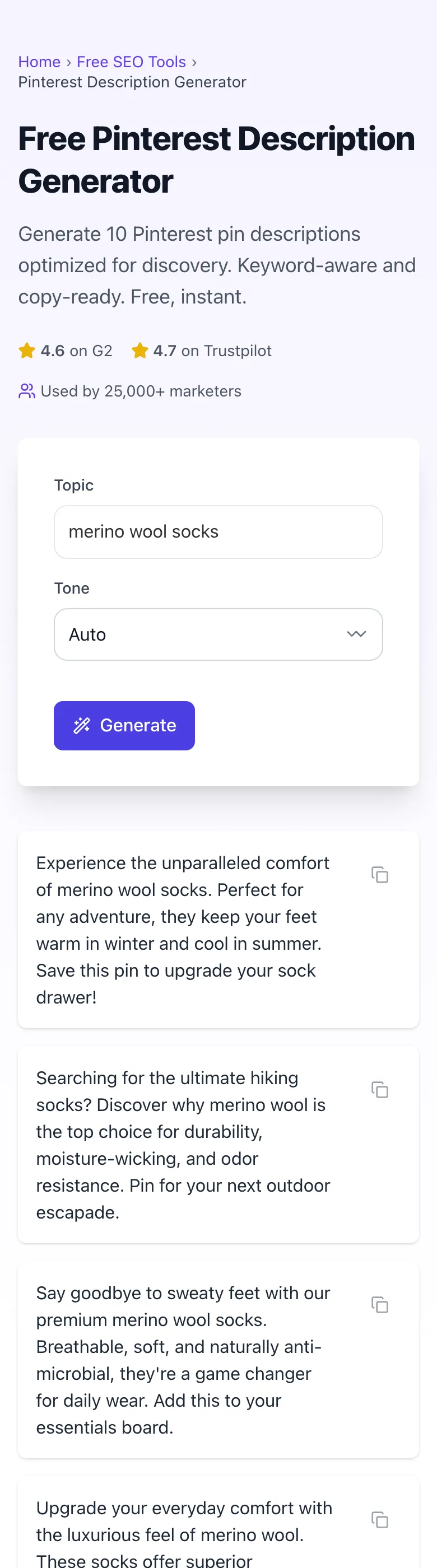 Pinterest Description Generator showing its result