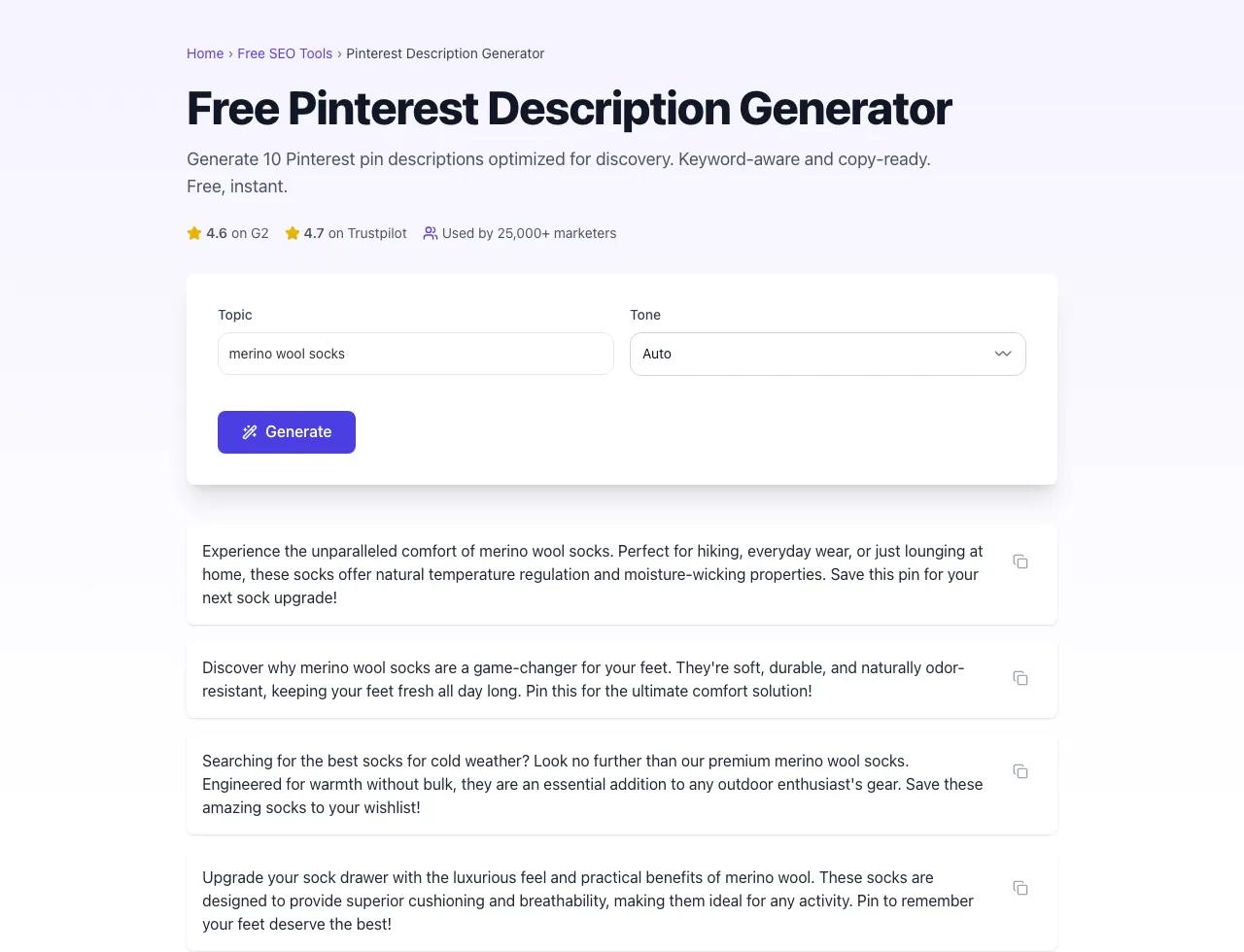 Pinterest Description Generator showing its result