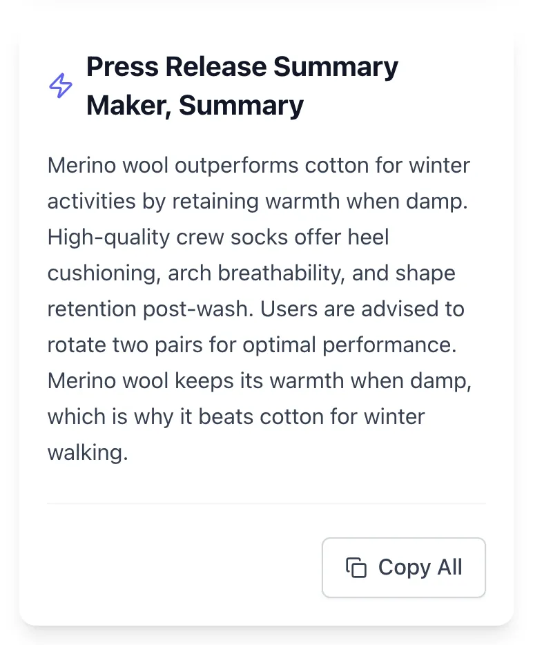 Press Release Summary Maker showing its result