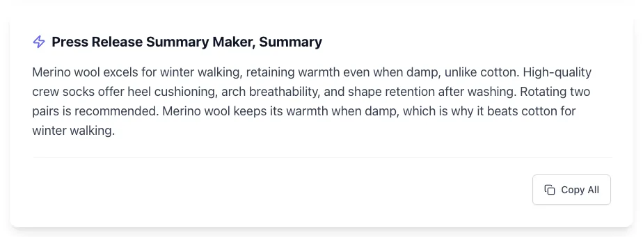 Press Release Summary Maker showing its result