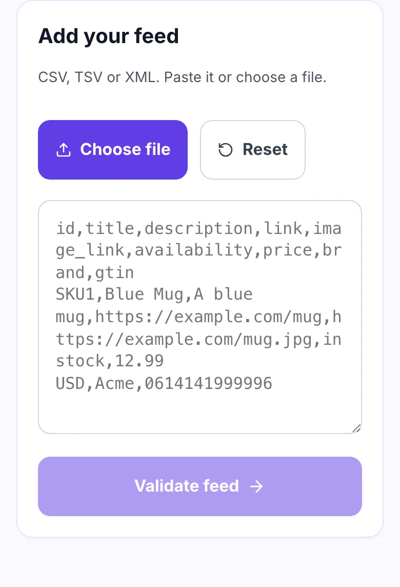 Empty Product Feed Validator showing a paste box, a Choose file button and a Validate feed button