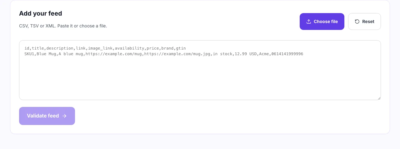 Empty Product Feed Validator showing a paste box, a Choose file button and a Validate feed button