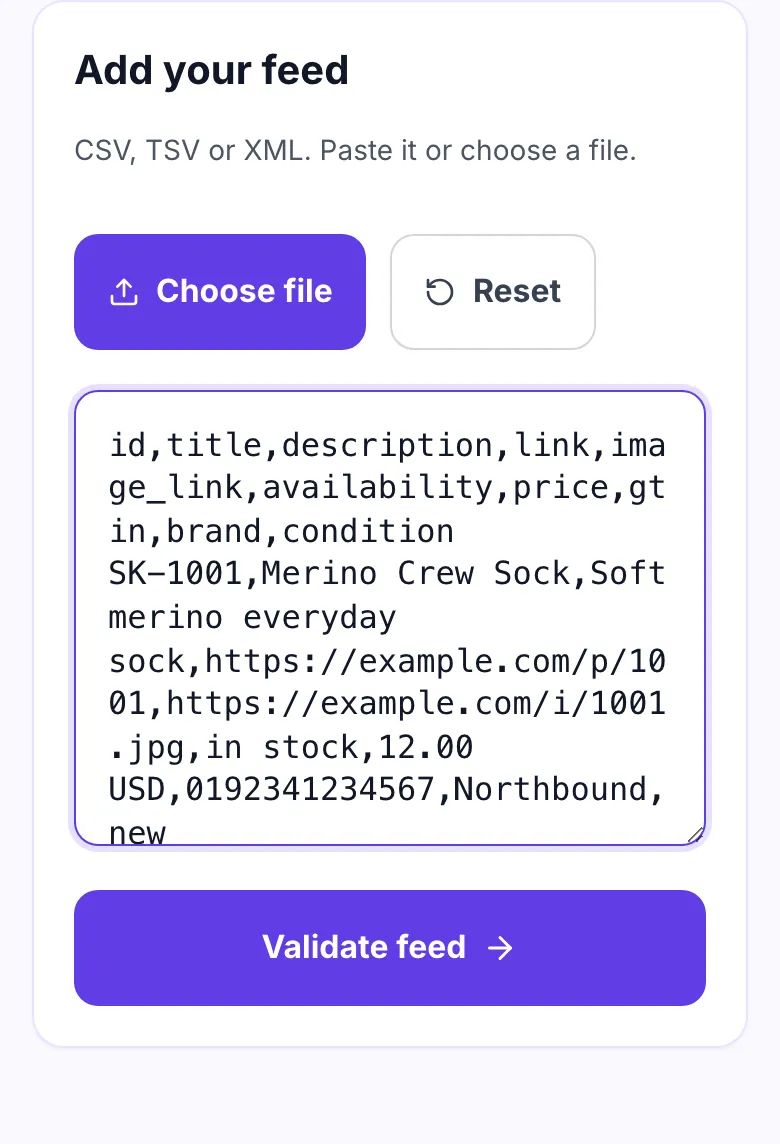 Product Feed Validator with a four row CSV product feed pasted into the input box