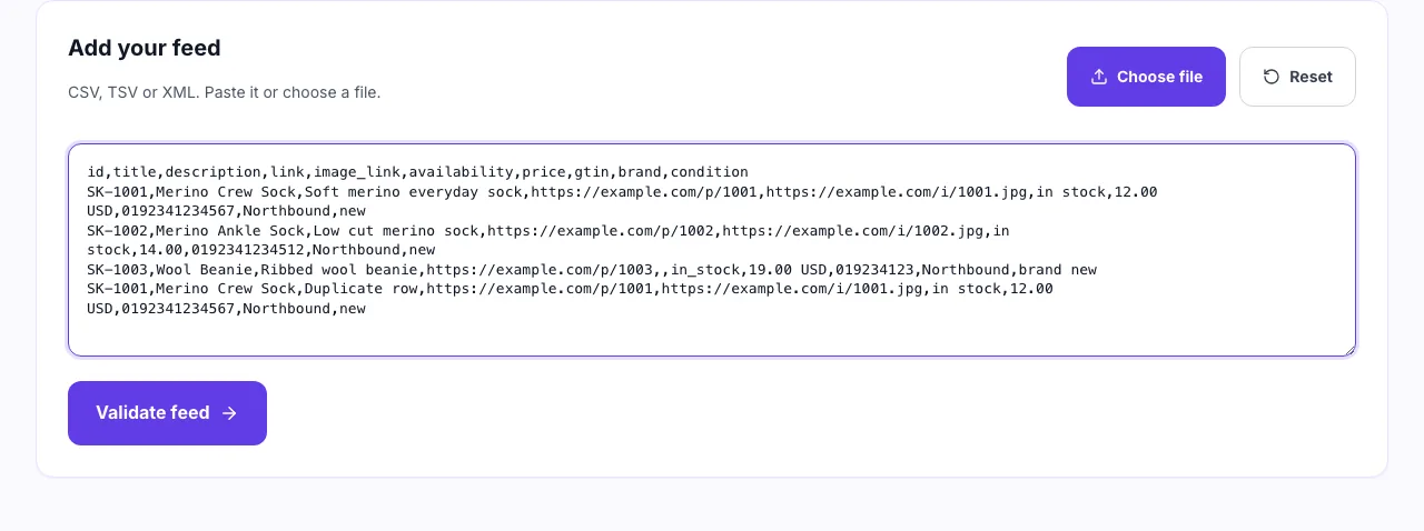 Product Feed Validator with a four row CSV product feed pasted into the input box