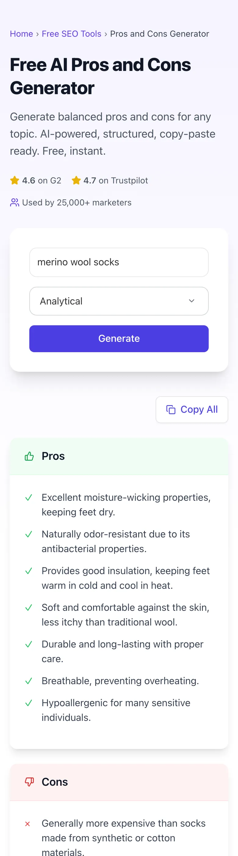 Pros And Cons Generator showing its result