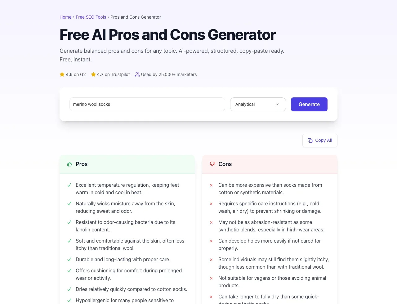 Pros And Cons Generator showing its result
