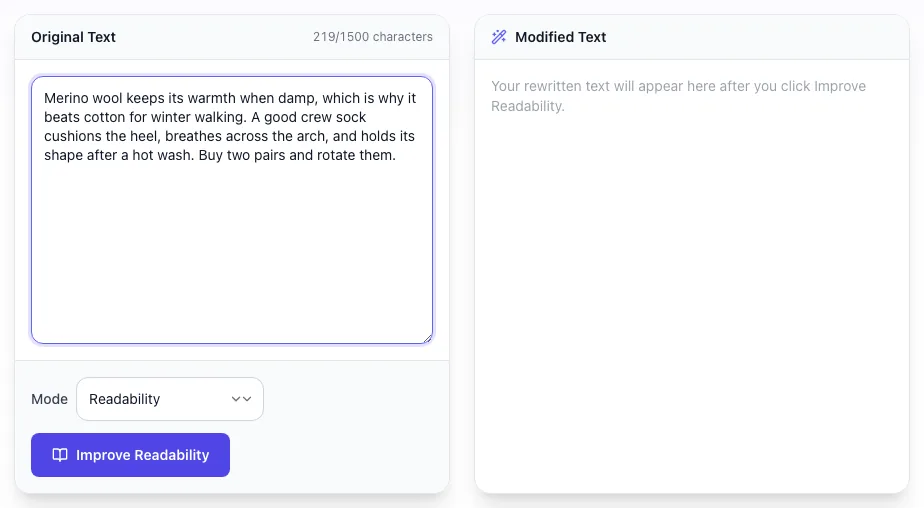 Readability Improver showing its result