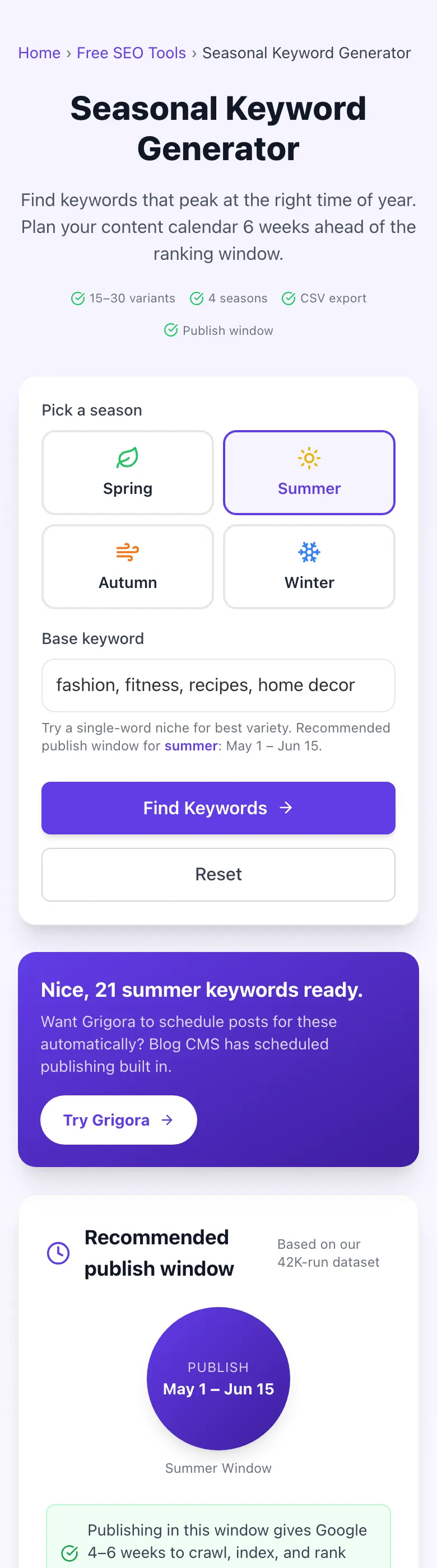 Seasonal Keyword Generator showing its result