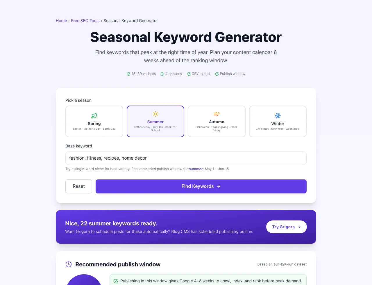 Seasonal Keyword Generator showing its result