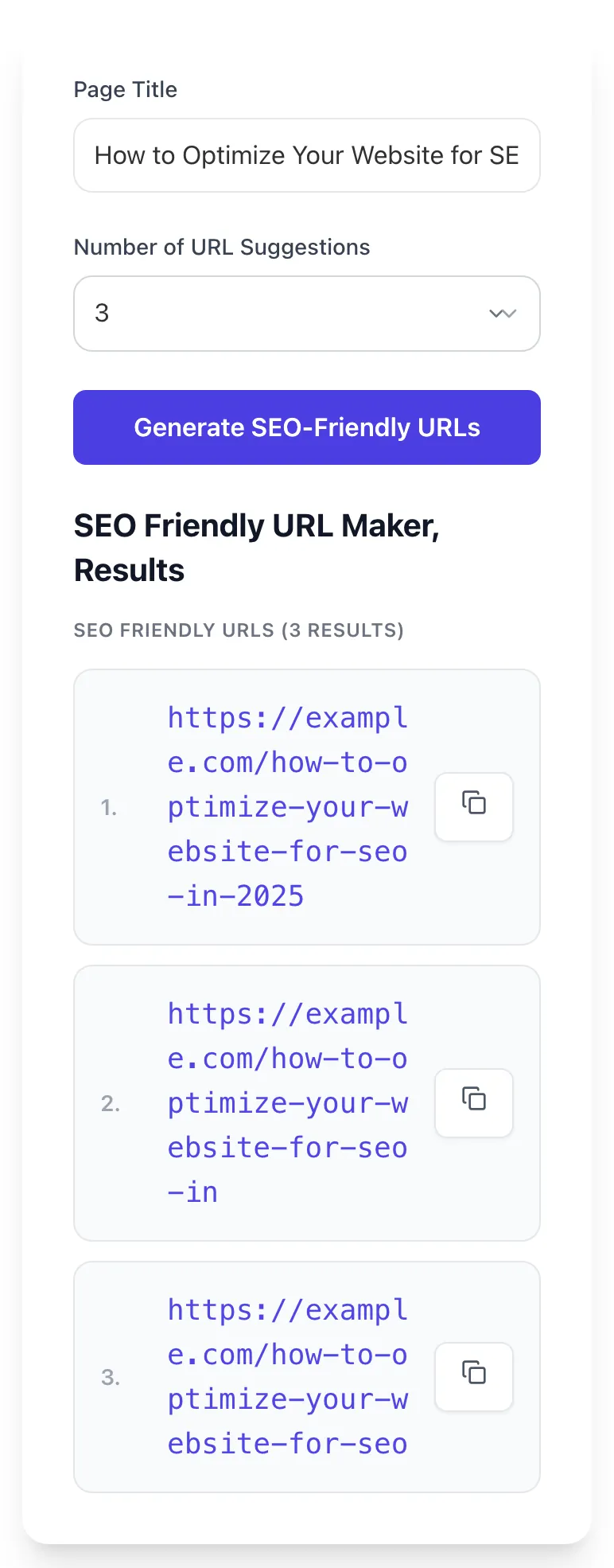 SEO Friendly URL Maker showing its result