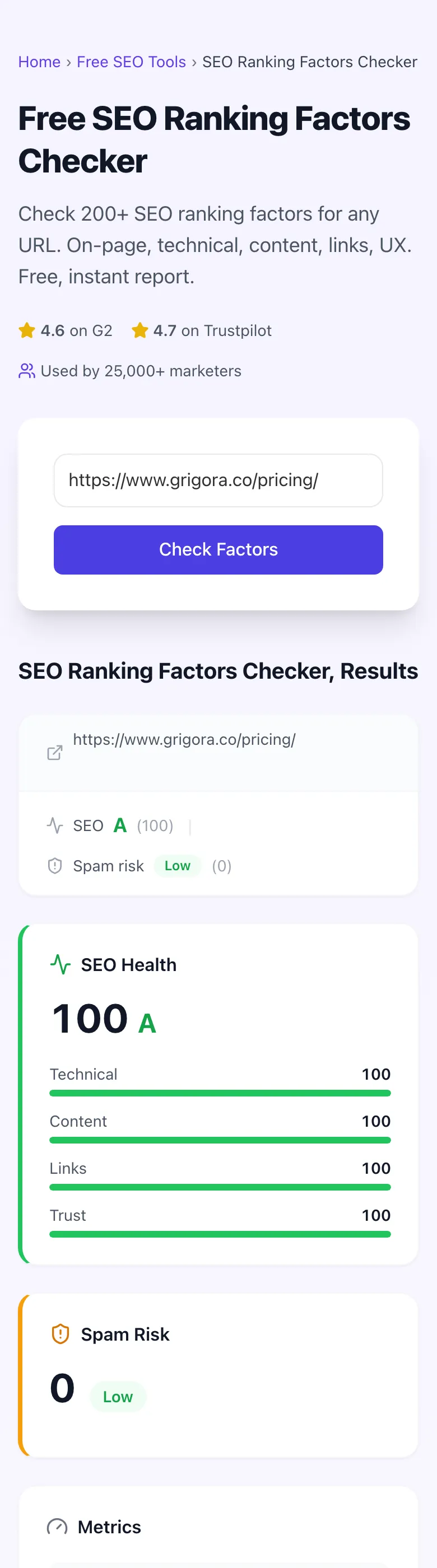 SEO Ranking Factors Checker showing its result