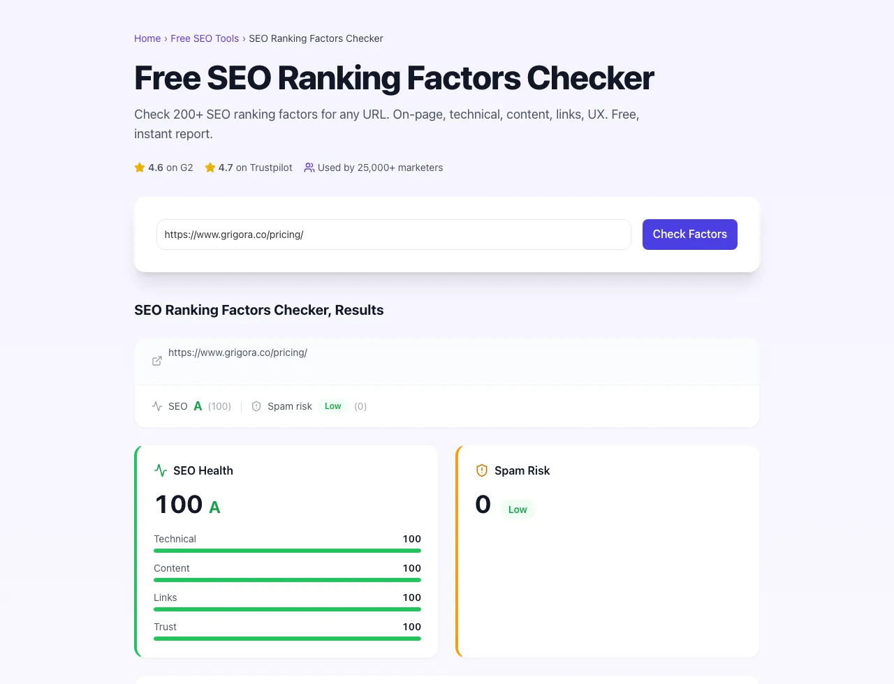 SEO Ranking Factors Checker showing its result