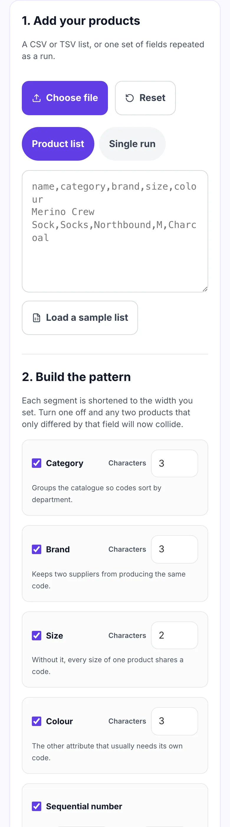 SKU Generator showing an empty product list box beside the SKU pattern builder