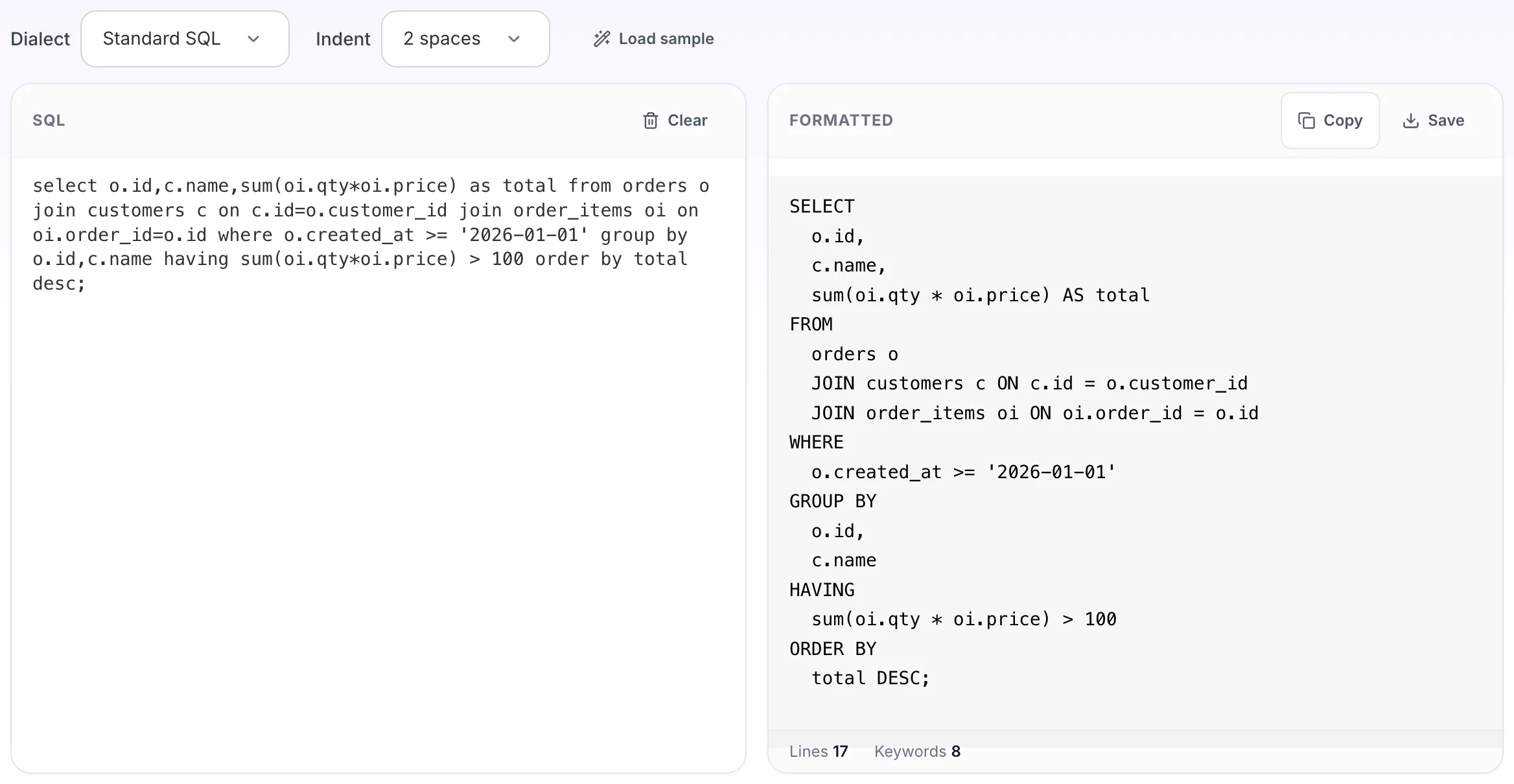 SQL Formatter with input in place