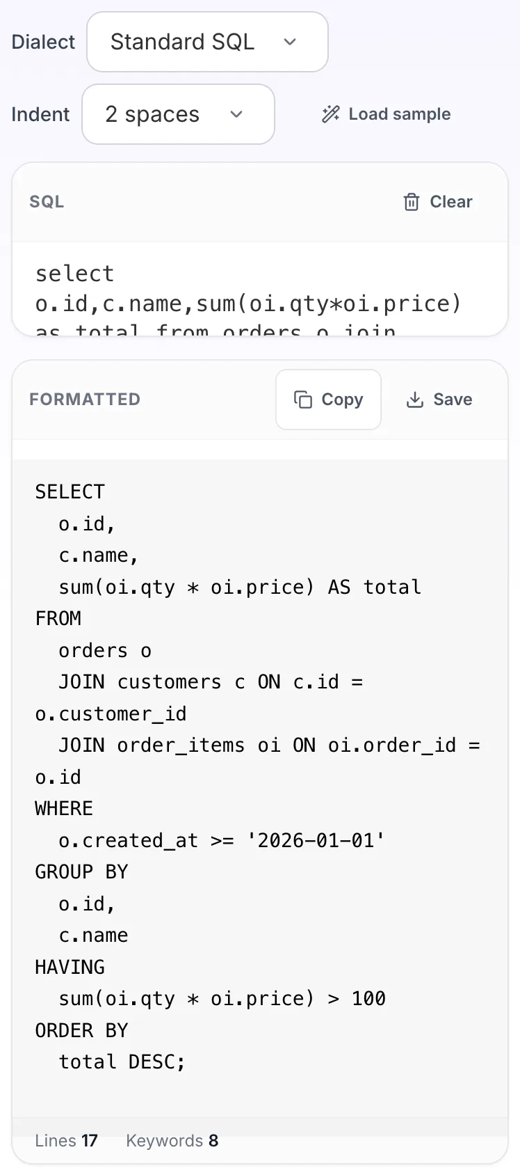 SQL Formatter showing its result