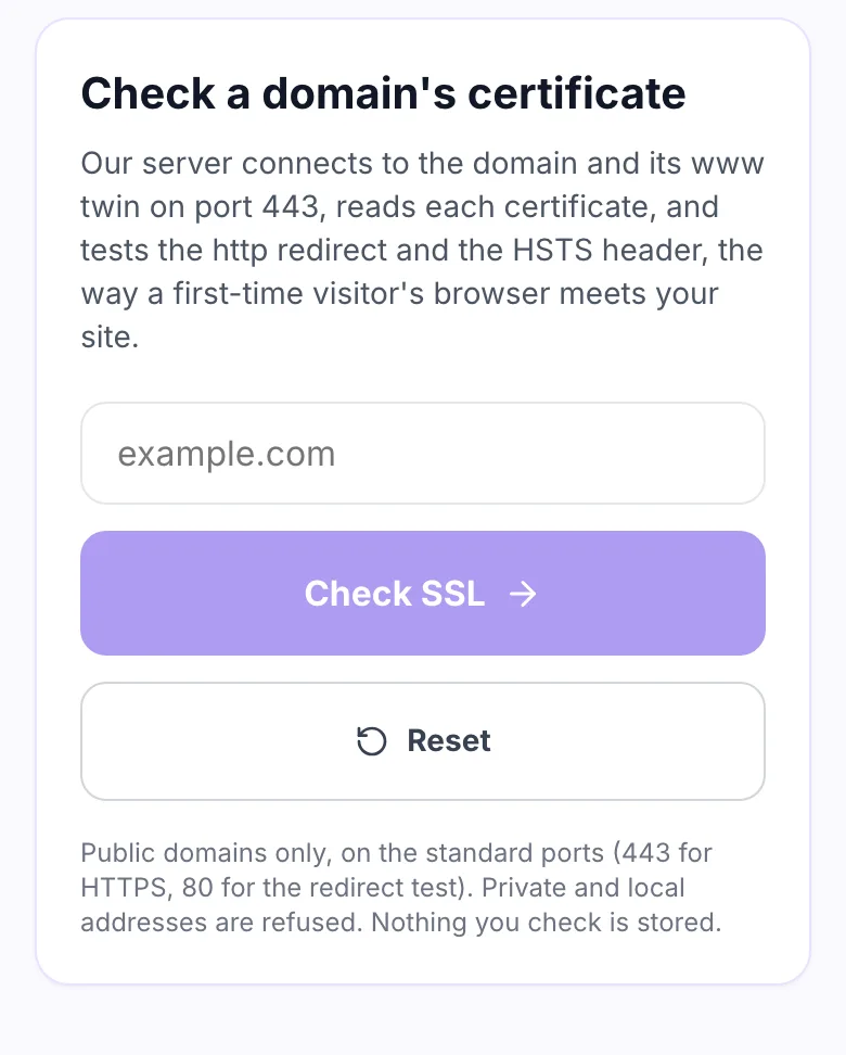 SSL Checker with an empty domain field and the Check SSL button