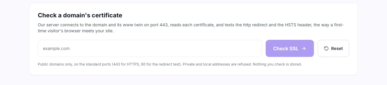 SSL Checker with an empty domain field and the Check SSL button