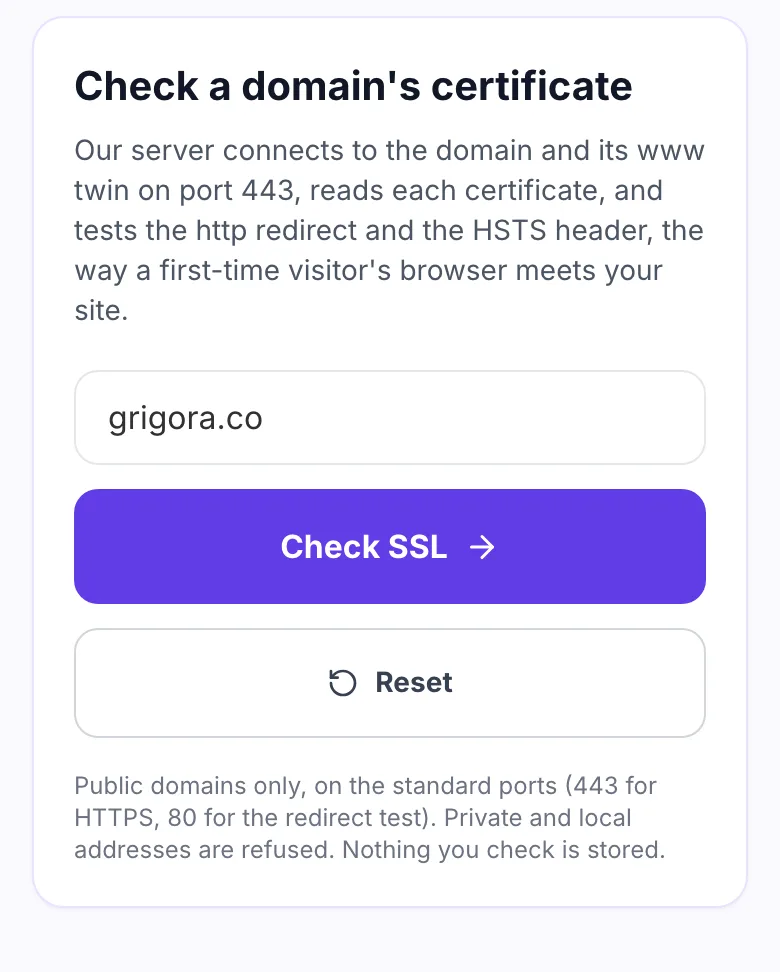 SSL Checker with grigora.co entered, ready to check