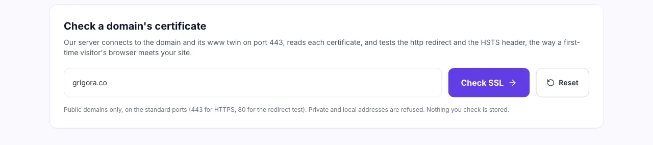 SSL Checker with grigora.co entered, ready to check