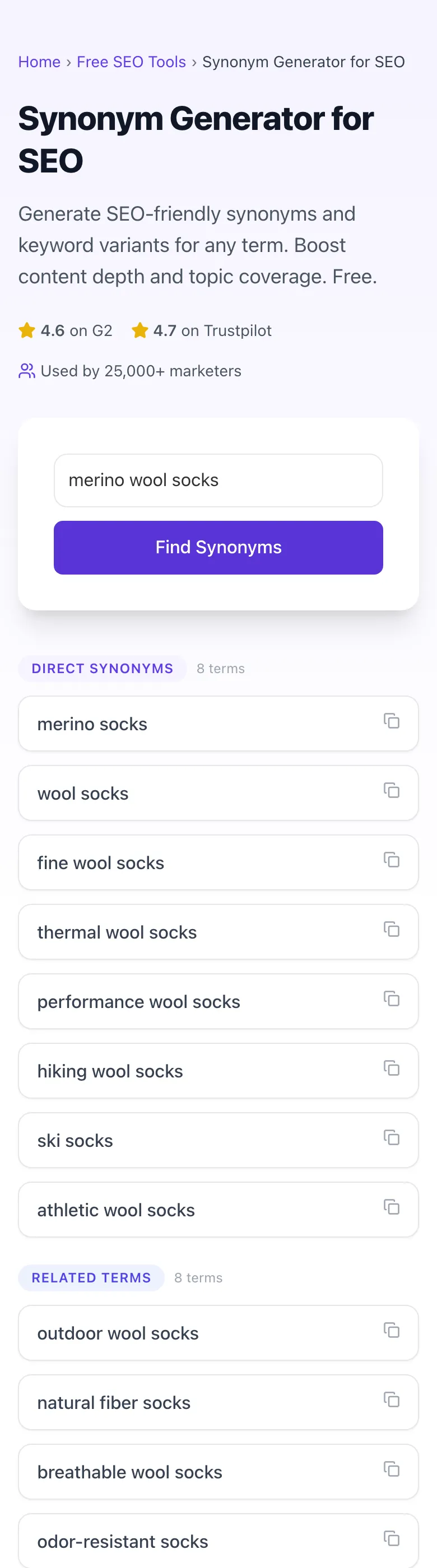 Synonym Generator For SEO showing its result