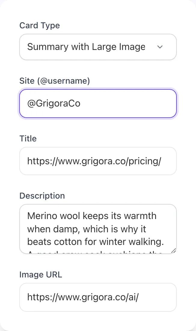 Twitter Card Generator with input filled in