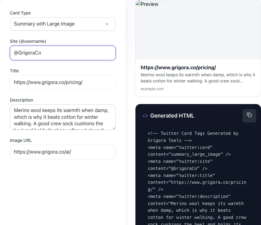 Twitter Card Generator with input filled in