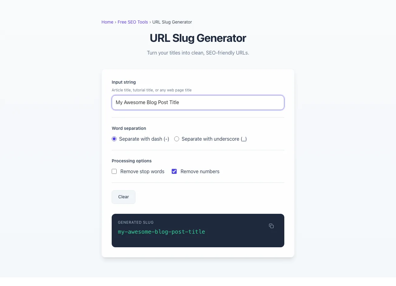 URL Slug Generator showing its result