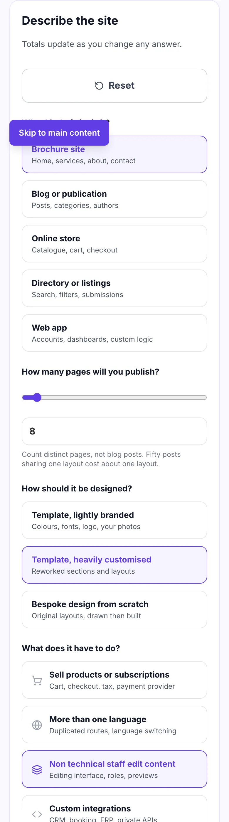 Website cost calculator showing unanswered questions about site type, page count and design approach