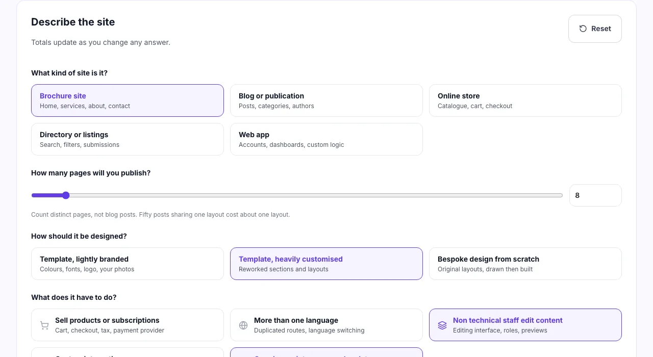 Website cost calculator showing unanswered questions about site type, page count and design approach