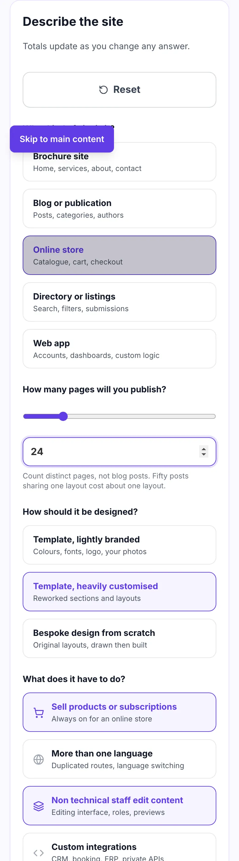 Website cost calculator with online store selected, 24 pages set, and payments and custom integrations switched on