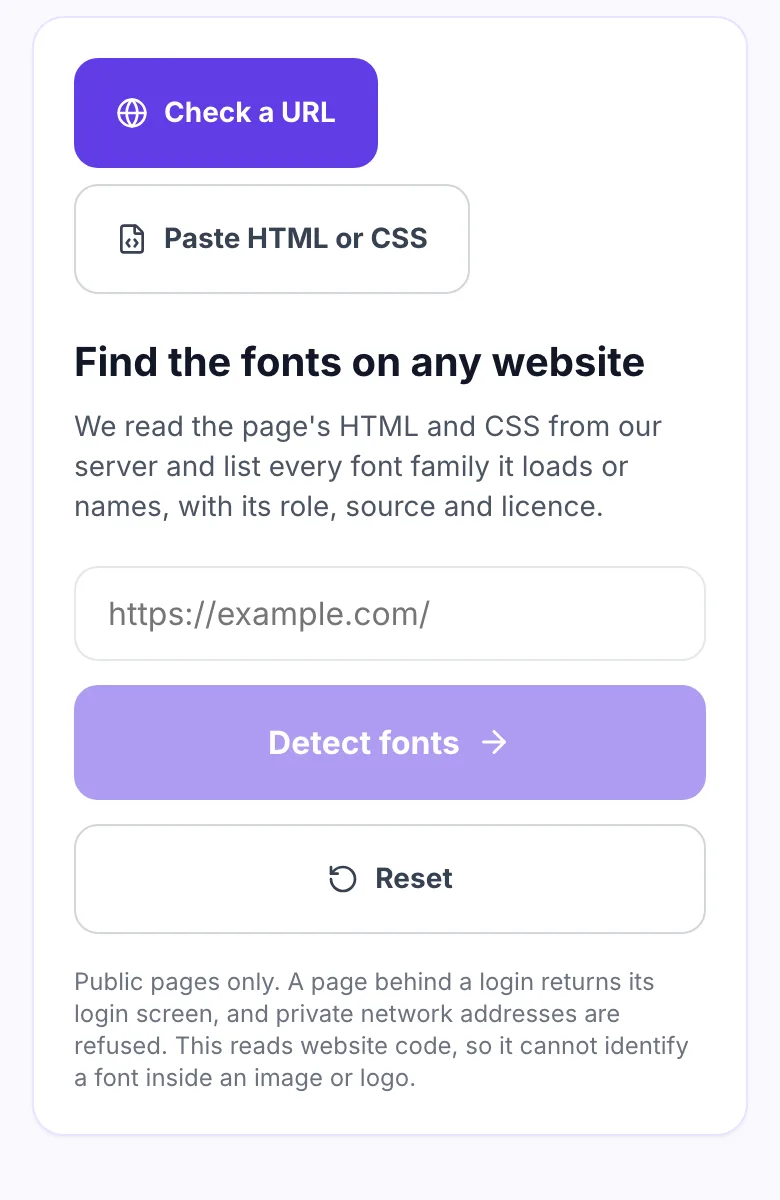 Website Font Detector with an empty URL field and the Detect fonts button