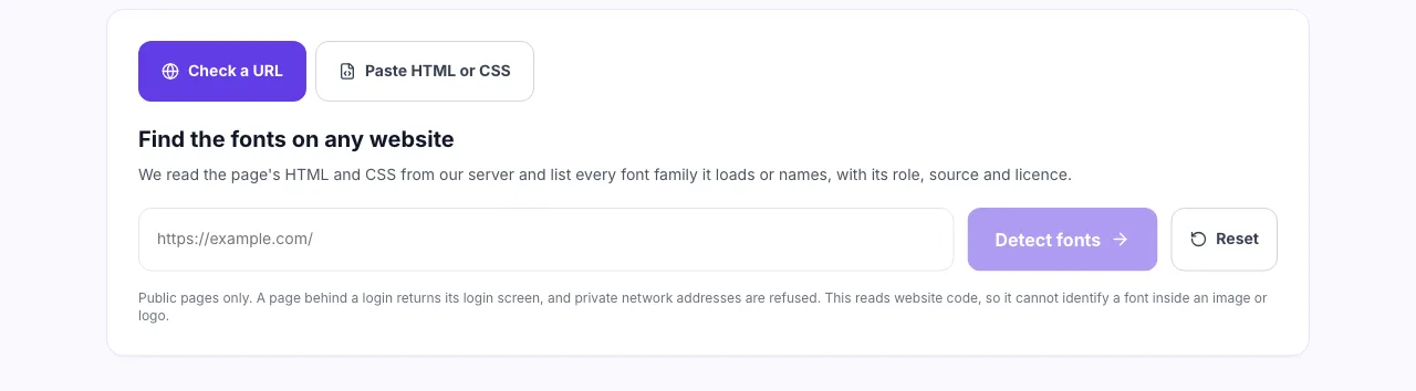 Website Font Detector with an empty URL field and the Detect fonts button