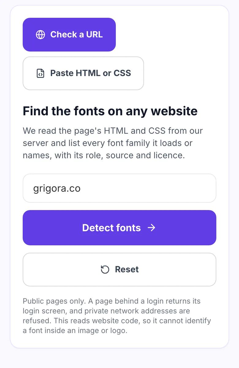 Website Font Detector with a website address entered and ready to run