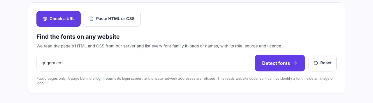 Website Font Detector with a website address entered and ready to run
