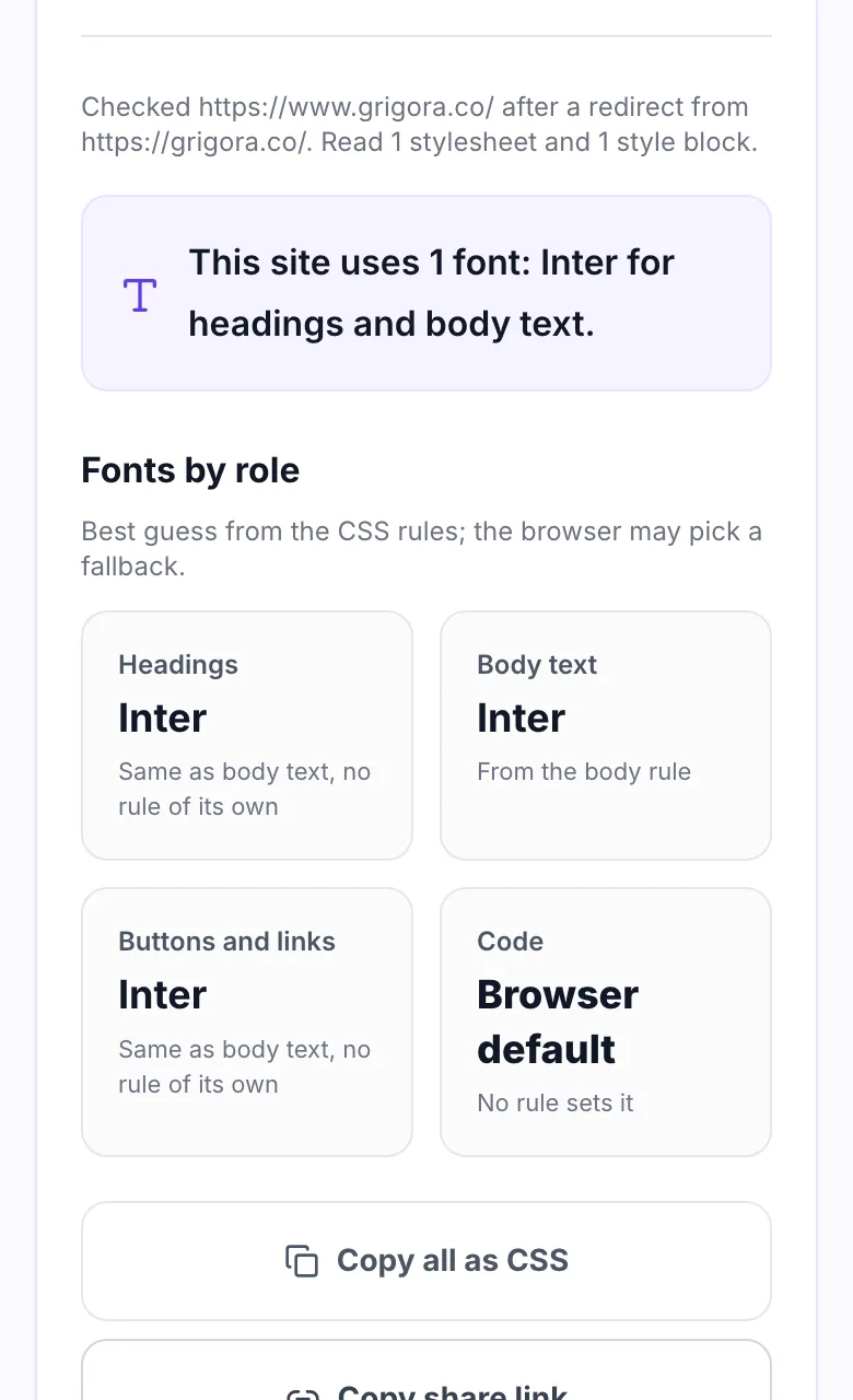 Website Font Detector result for grigora.co: one font, Inter, used for headings and body text, with the font found for each role