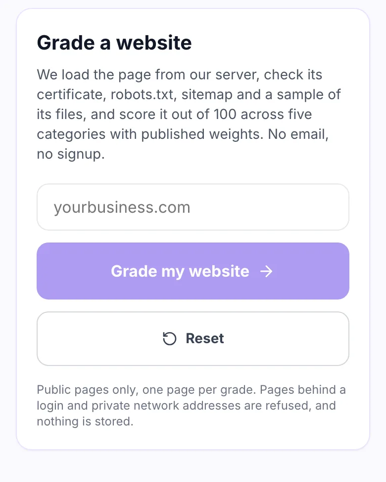 Website Grader with an empty URL field and the Grade my website button