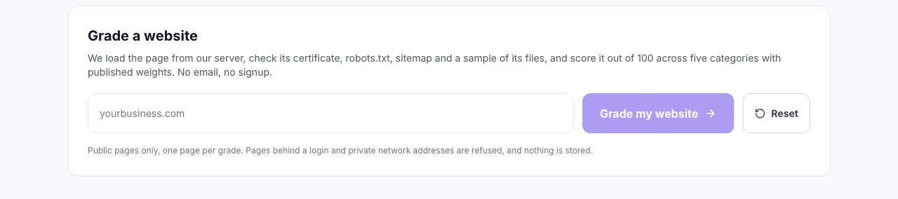 Website Grader with an empty URL field and the Grade my website button