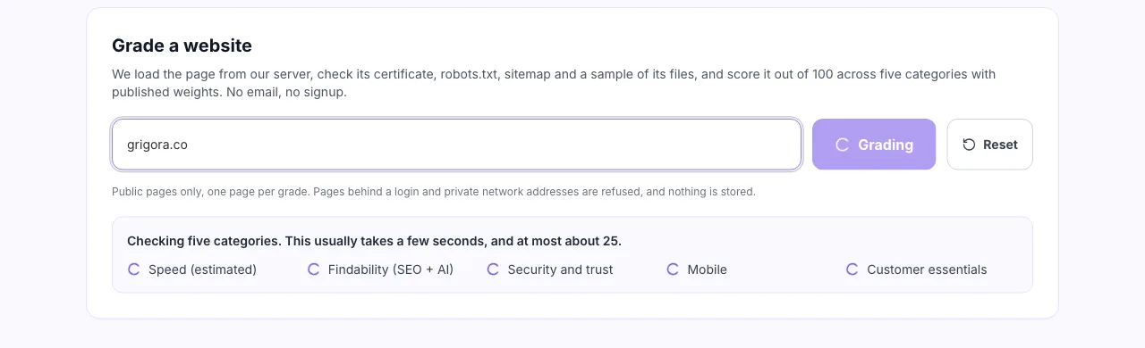 Website Grader checking a site, with the five categories listed while it works