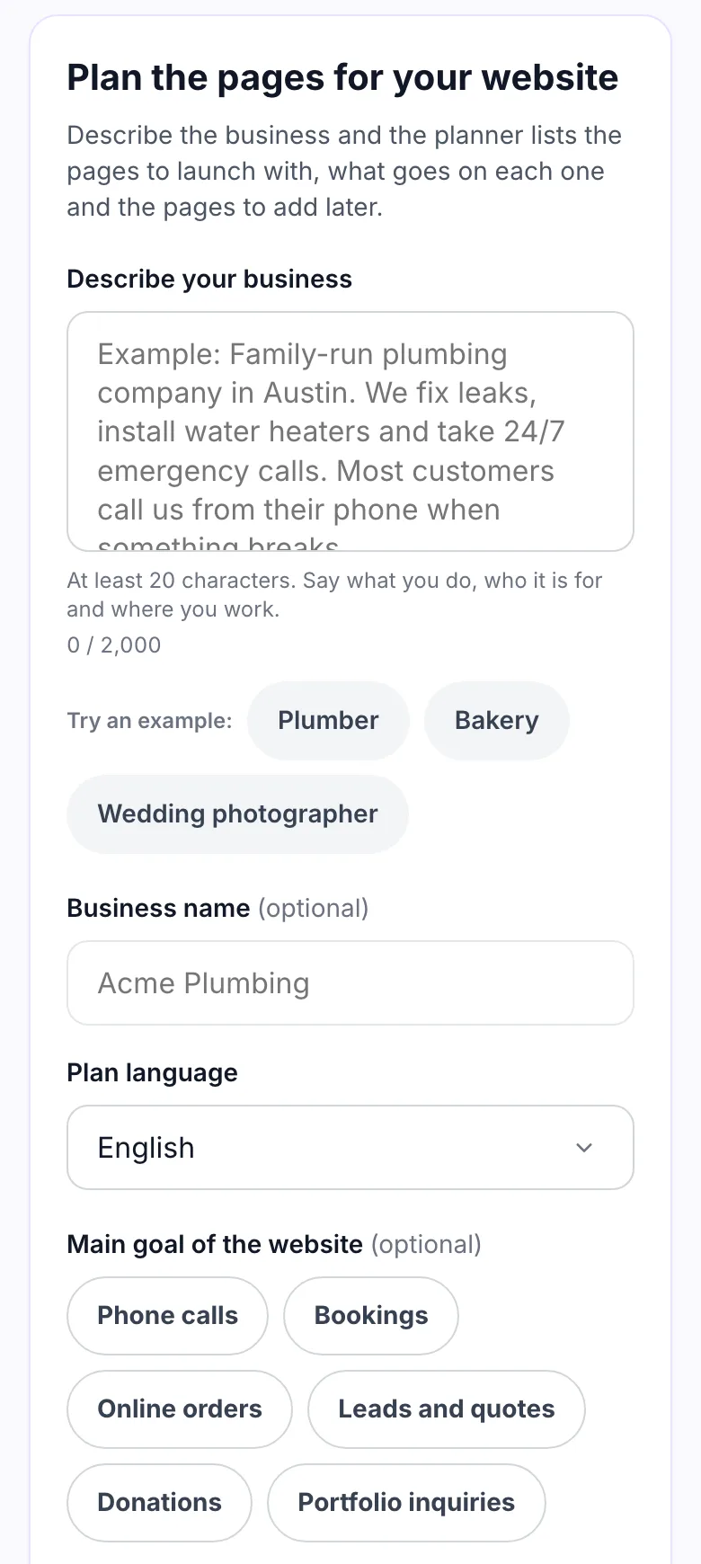 Website Page Planner with an empty business description field and goal options
