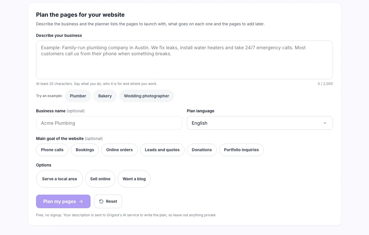 Website Page Planner with an empty business description field and goal options