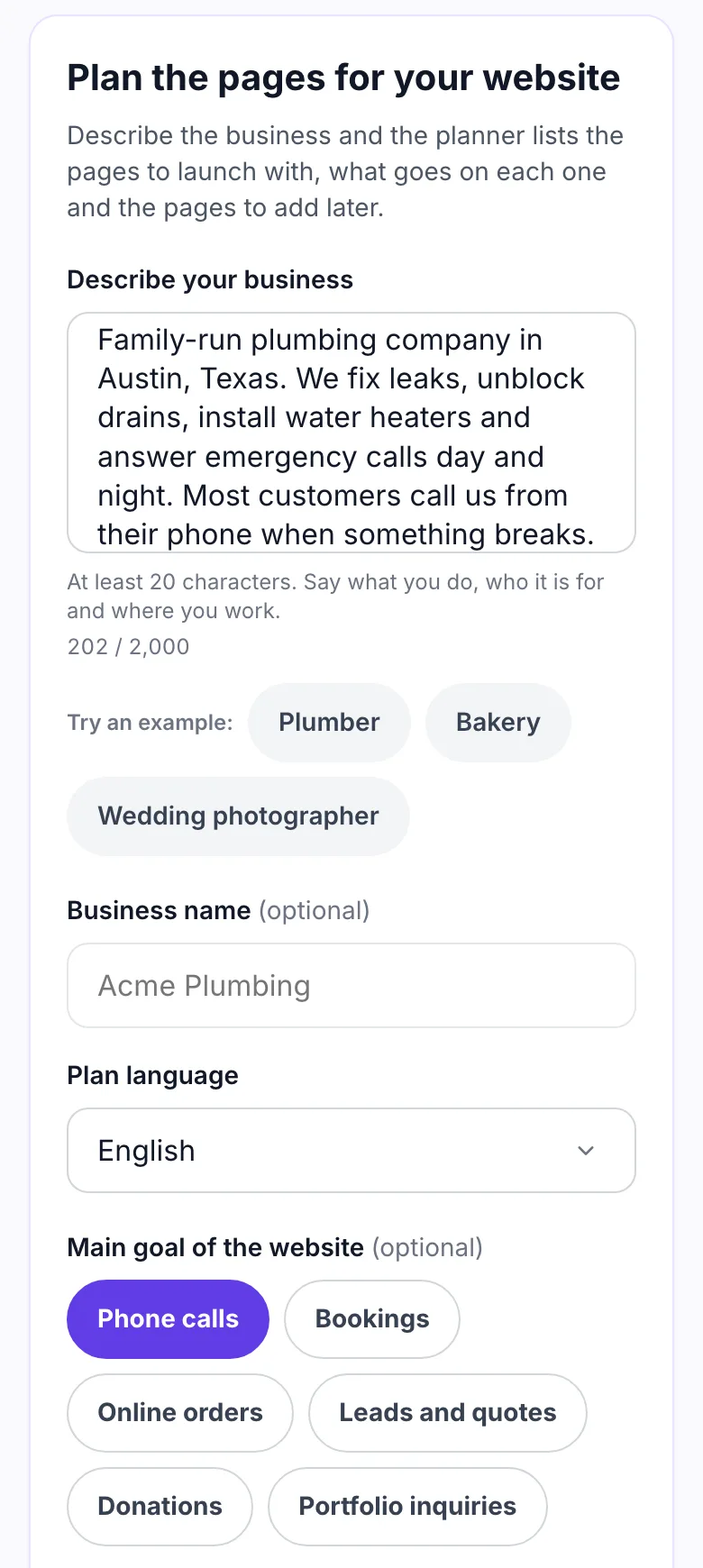 Website Page Planner with a plumbing business described and Phone calls selected as the goal