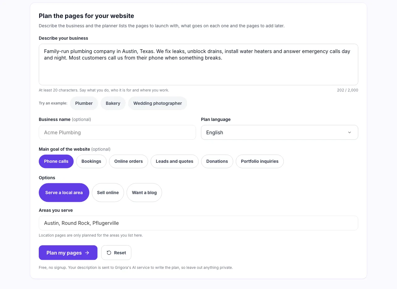 Website Page Planner with a plumbing business described and Phone calls selected as the goal