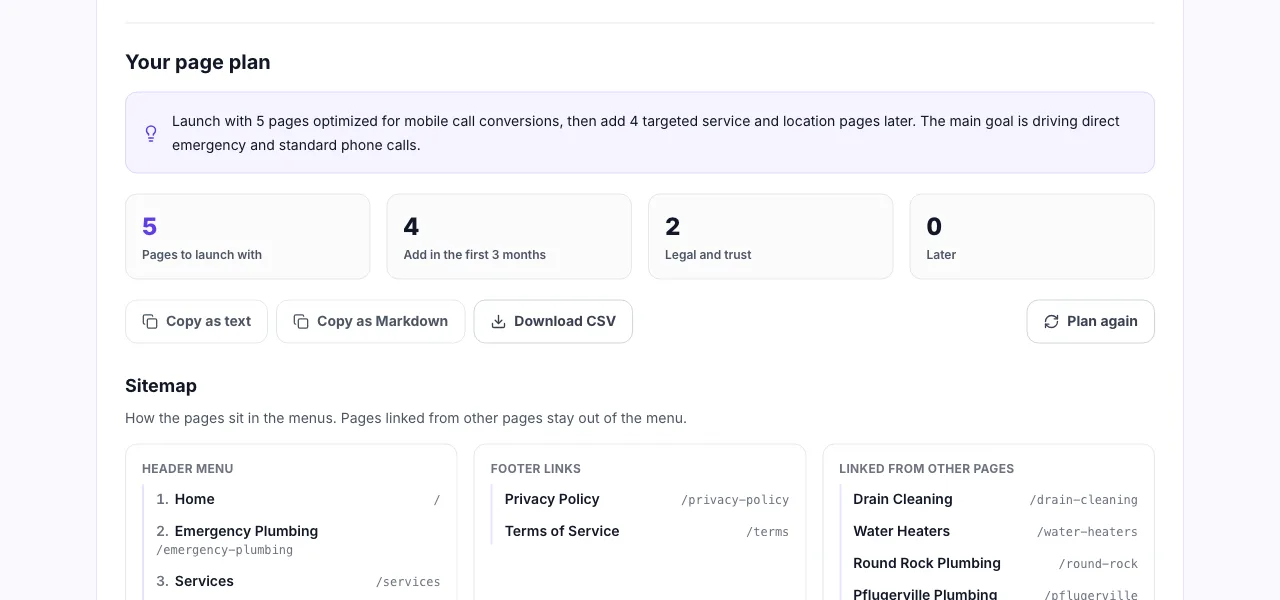 Website Page Planner result for a plumbing business: a one line verdict and how many pages to launch with, add in the first 3 months, keep for legal and trust, and add later