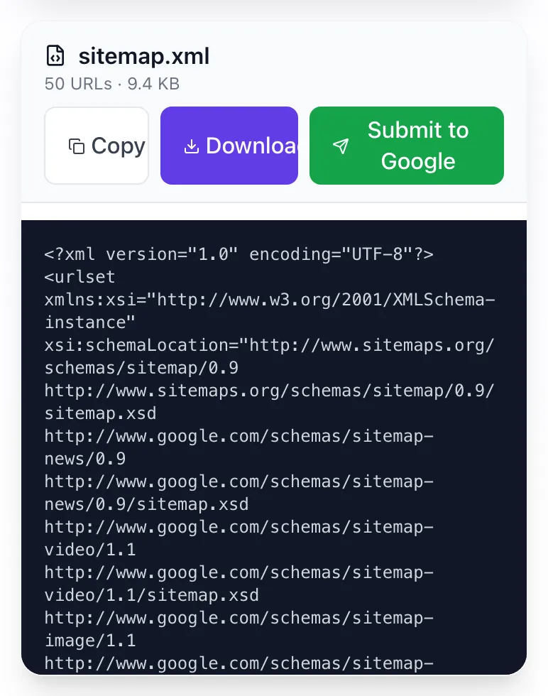 XML Sitemap Creator showing its result