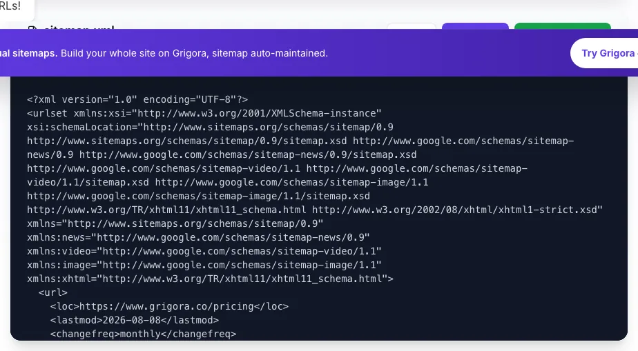 XML Sitemap Creator showing its result