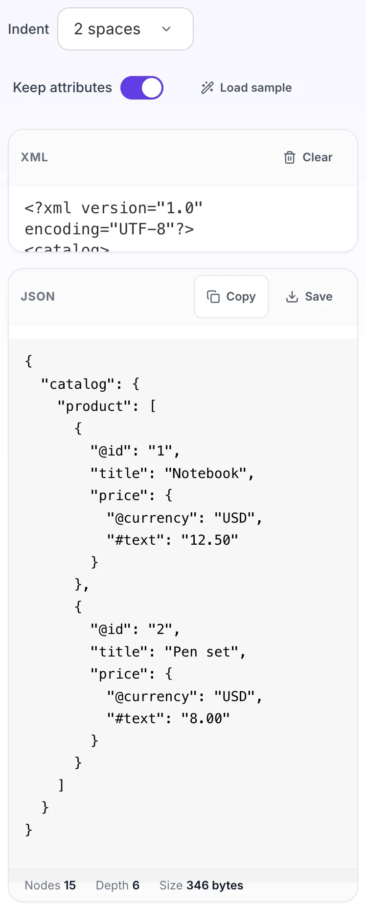 XML to JSON Converter showing its result